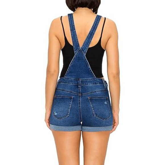 Wax Plus Size 1X Distressed Denim Short Overalls Adjustable Straps - Picture 2 of 2